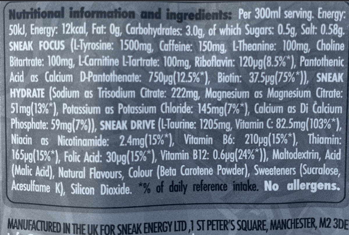 Sneak Energy Drink ingredients at the back of the sachet