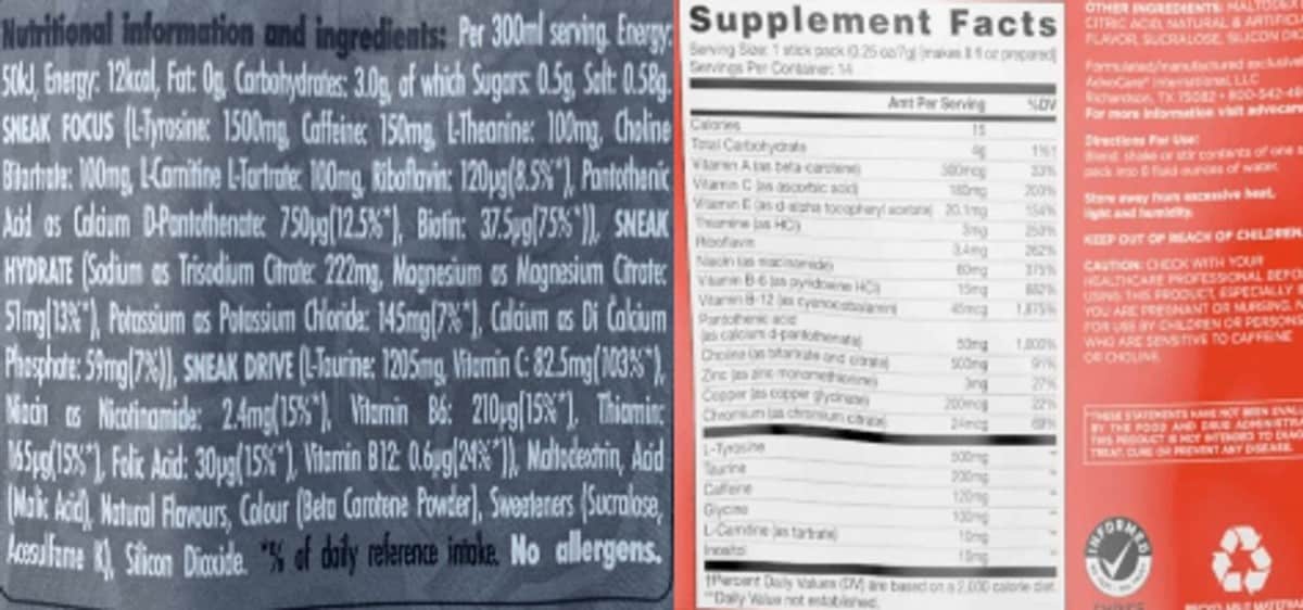 Nutrition value of Sneak and Advocare side by side.