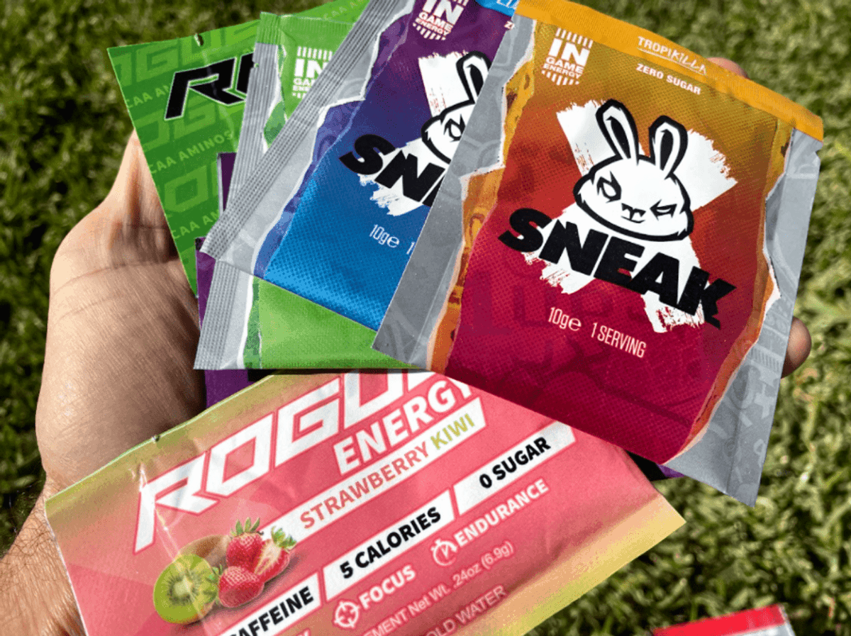 Sneak and Rogue Energy Drink sachets.