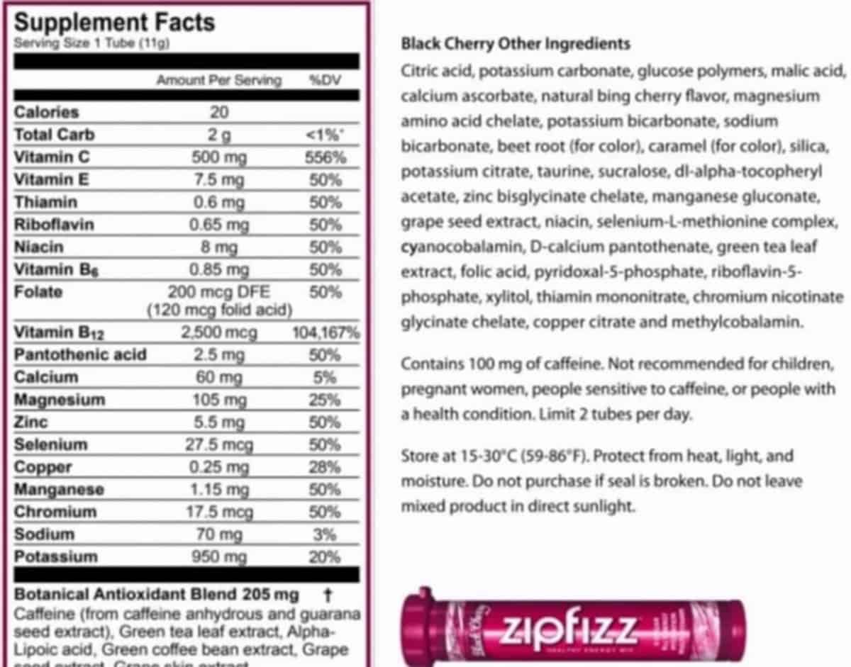 Supplement facts and storage instructions of Zipfizz