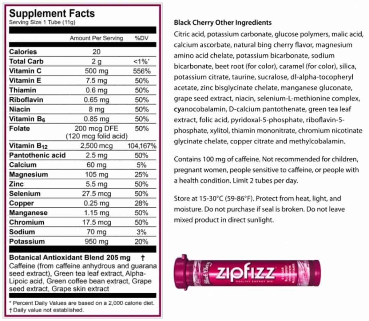Nutrition facts of Zipfizz black cherry.