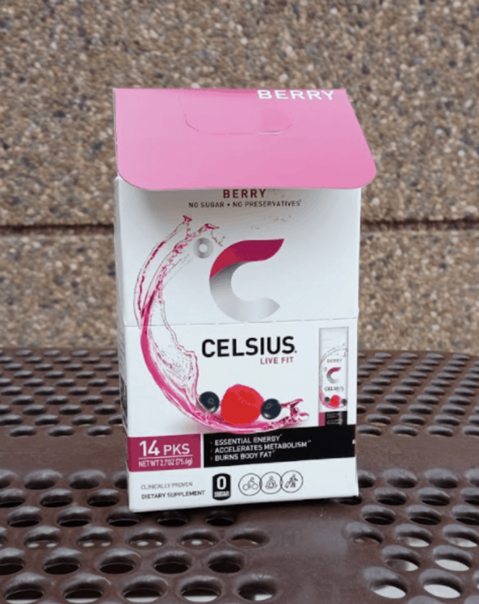 A packet of Celsius On The Go berry flavor.