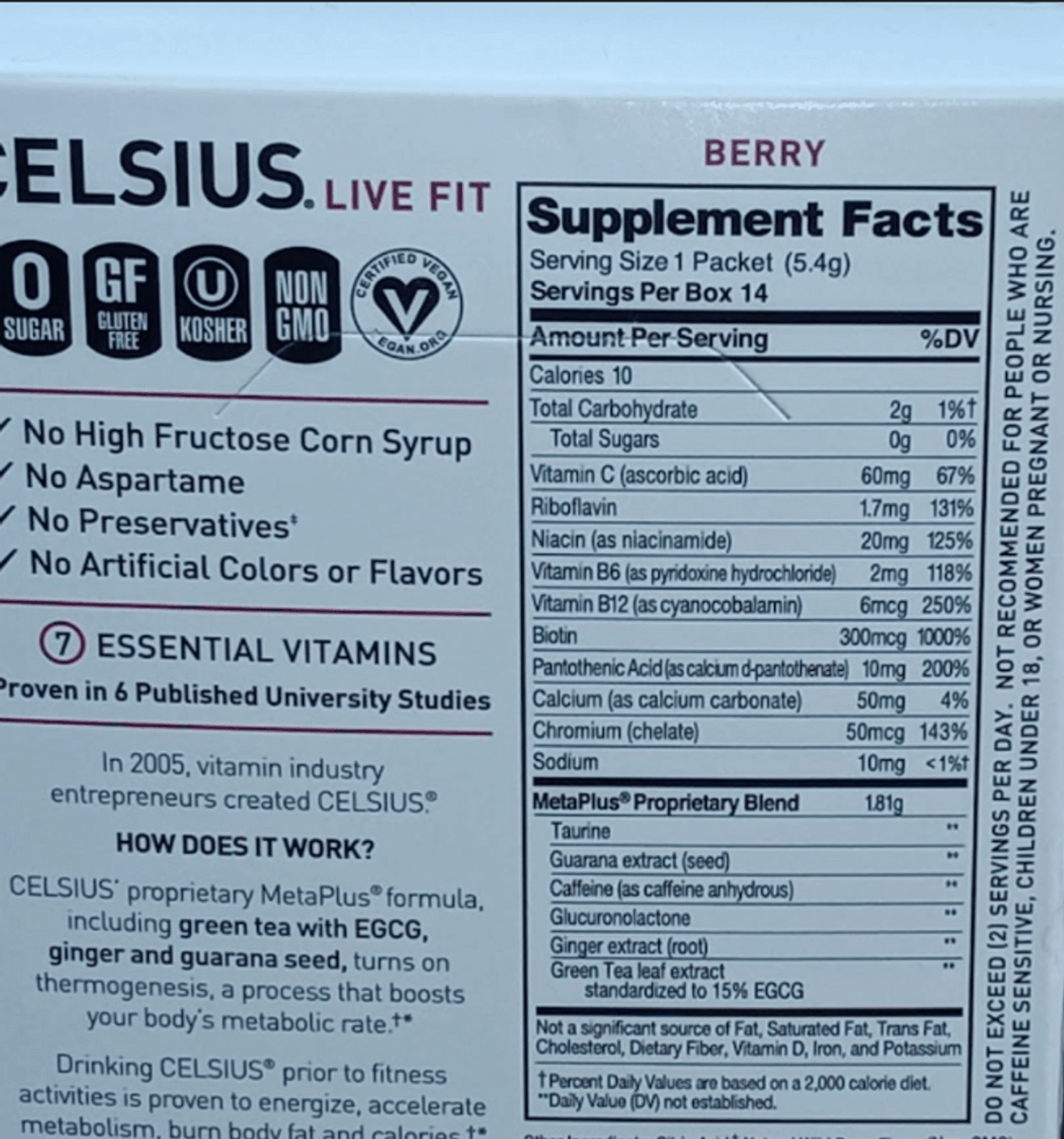 Nutrition facts of the Celsius On The Go.