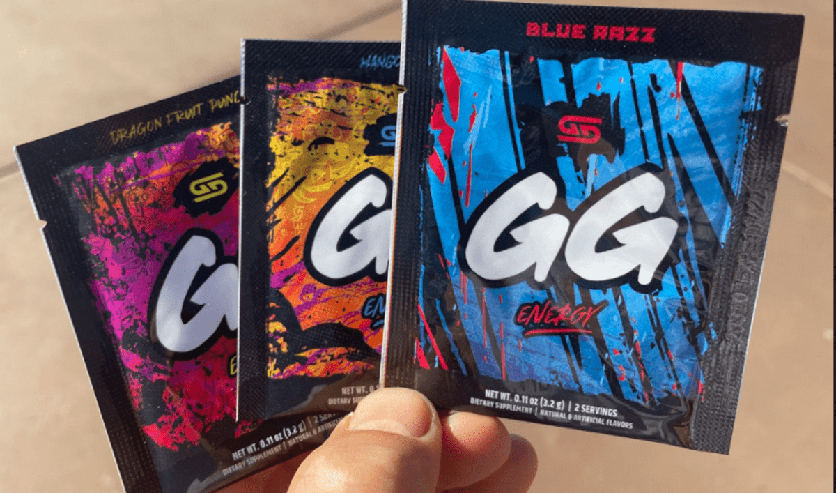 Three sachets of GG Energy of different flavors.