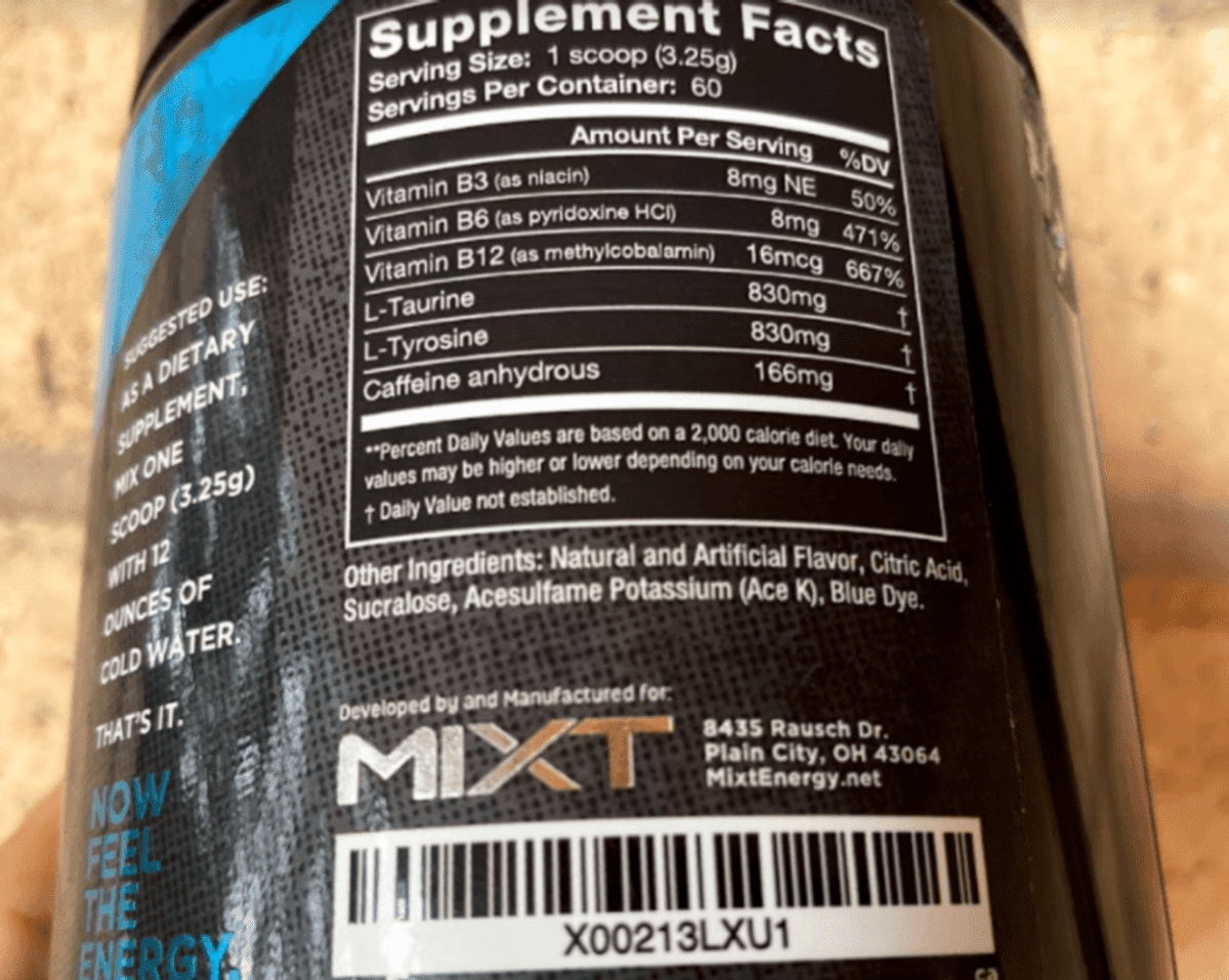 Mixt Energy nutrition facts.
