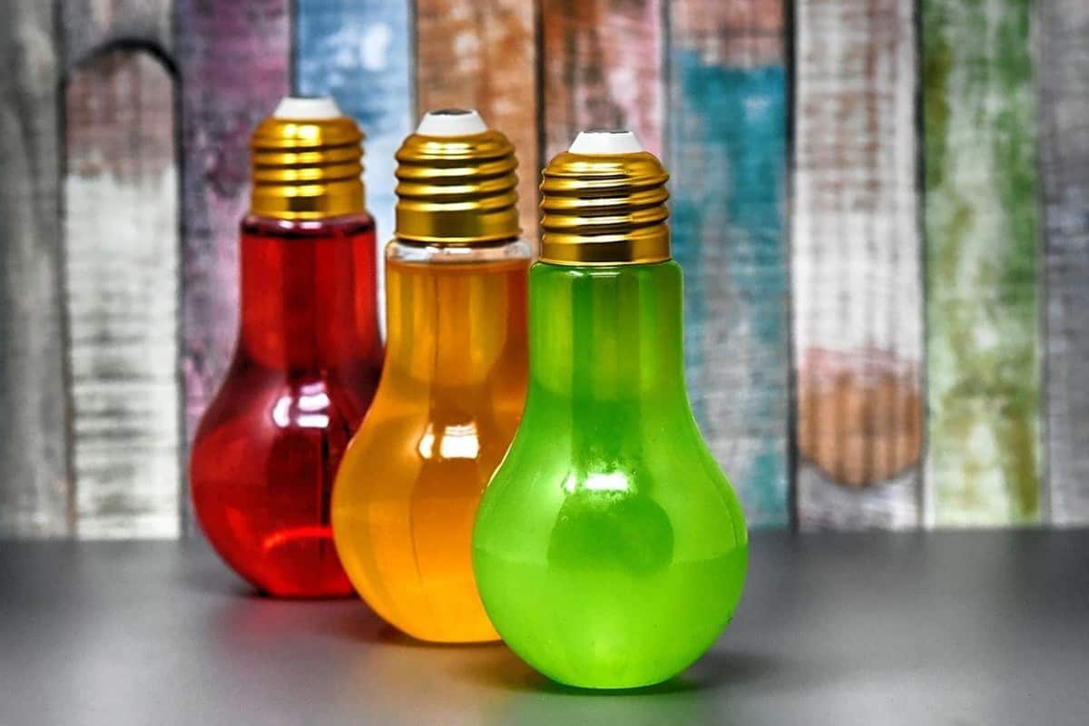 Energy beverages in three different bulb-like bottles.