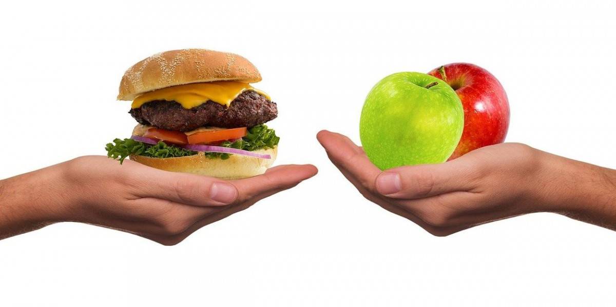 Burger and apples in both the hands.