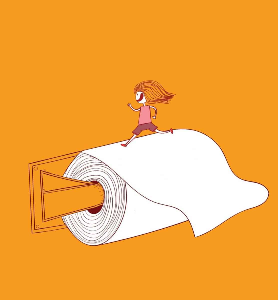 An anime girl is running on the toilet tissue.