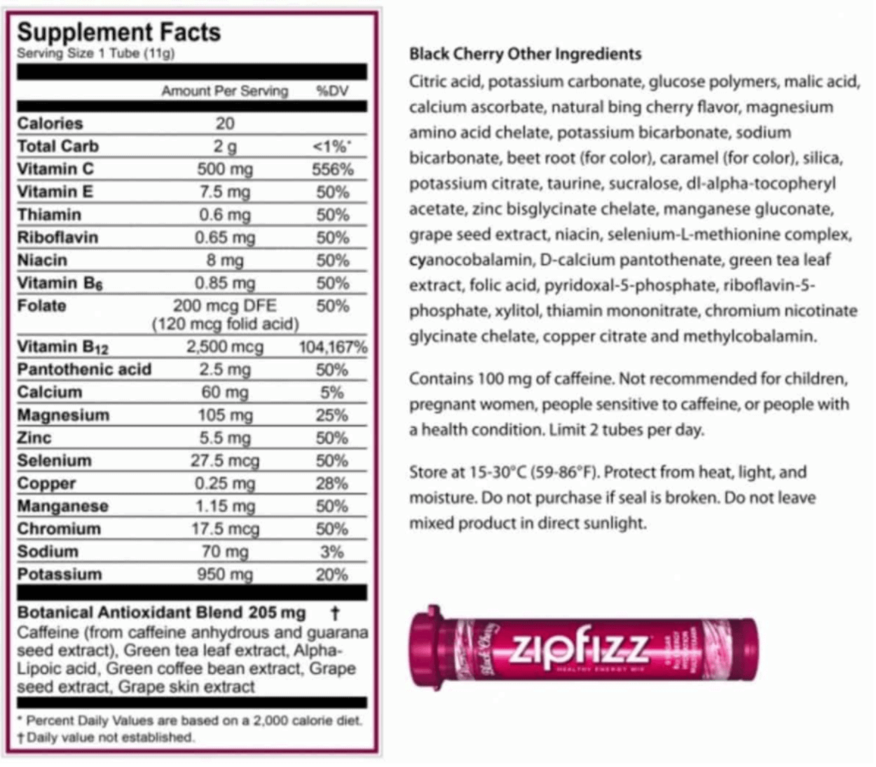 Supplement facts of Zipfizz. 