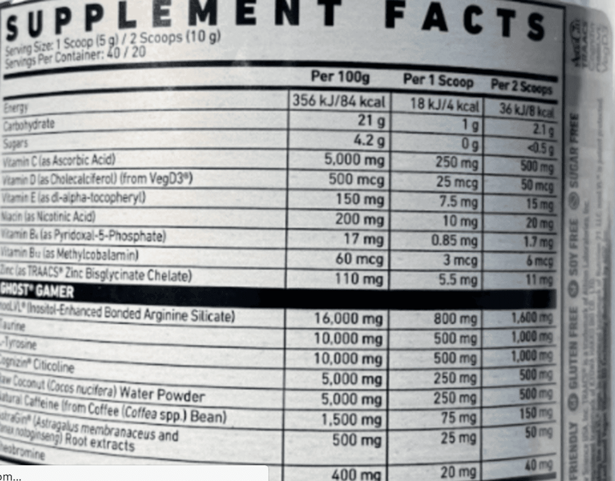 Supplement facts of Ghost Gamer.