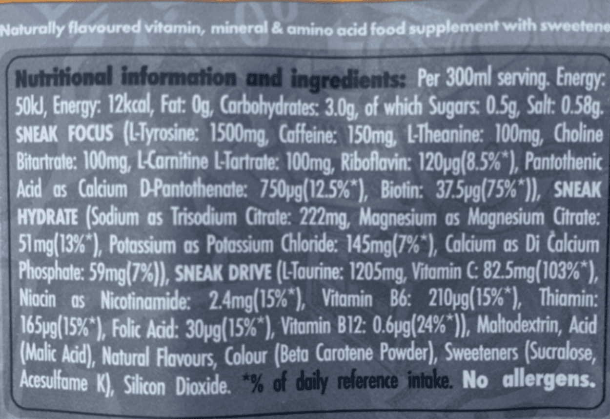 Nutrition facts of Sneak Energy.