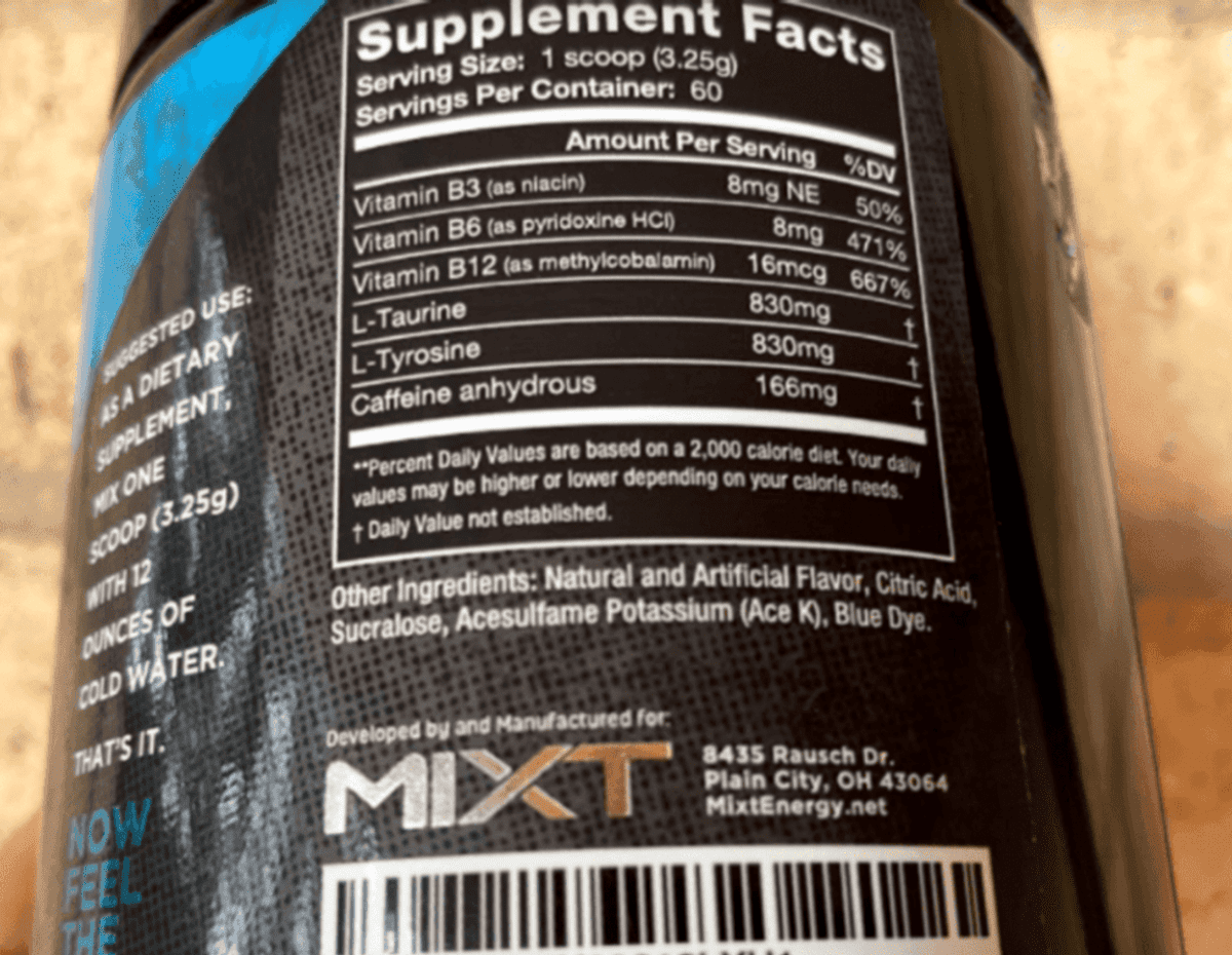 Nutrition facts of Mixt Energy.