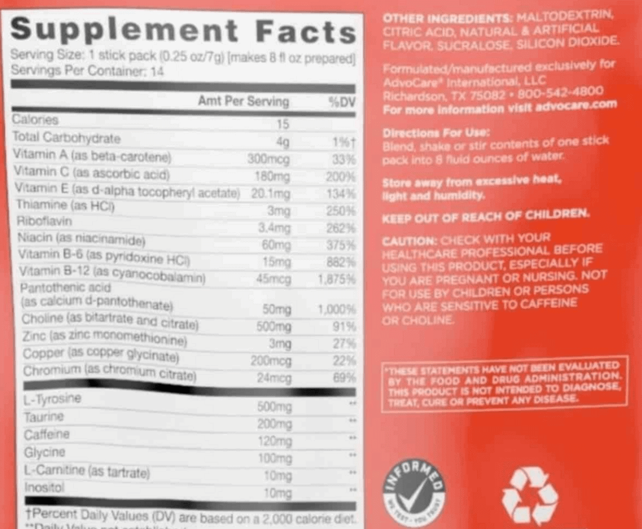 Supplement facts of Advocare Spark.