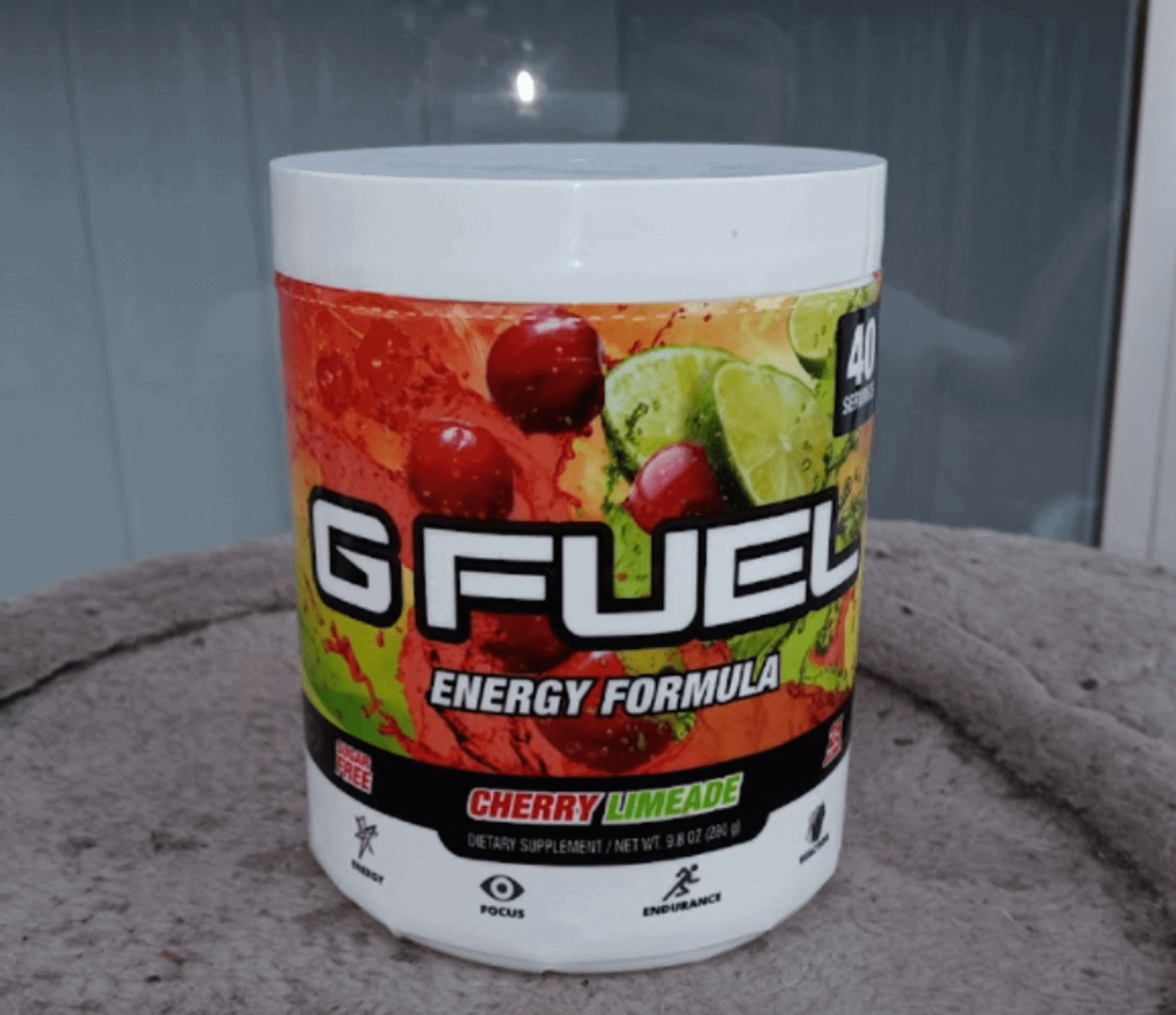 A tub of Cherry Limeade flavor of G Fuel Energy refreshment.