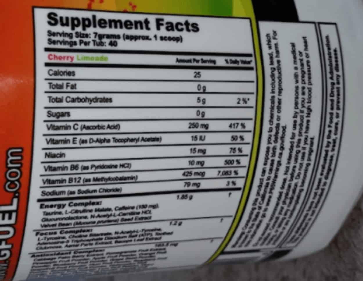 G Fuel supplement facts