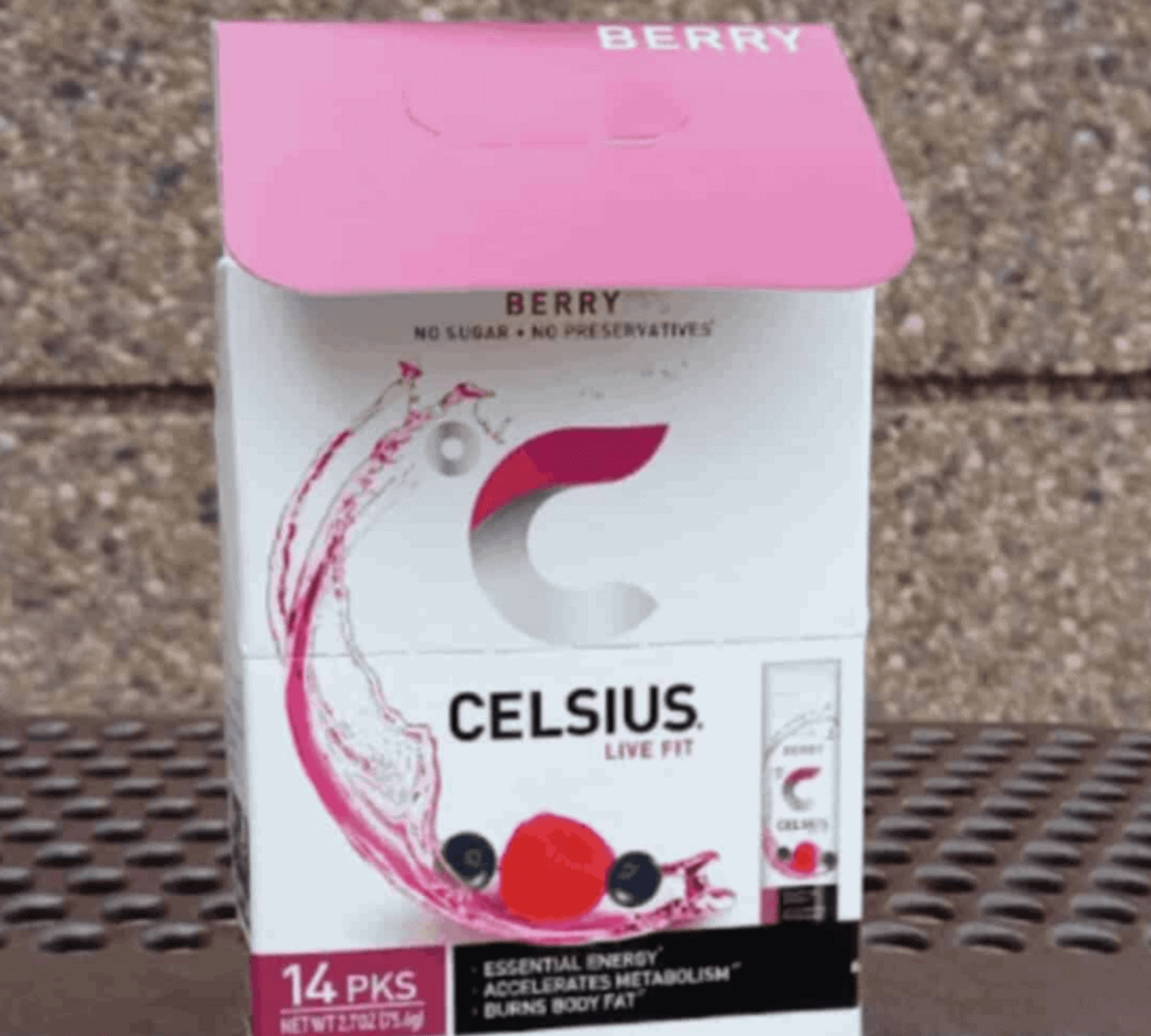Celsius On-The-Go berry-flavored energy beverage.