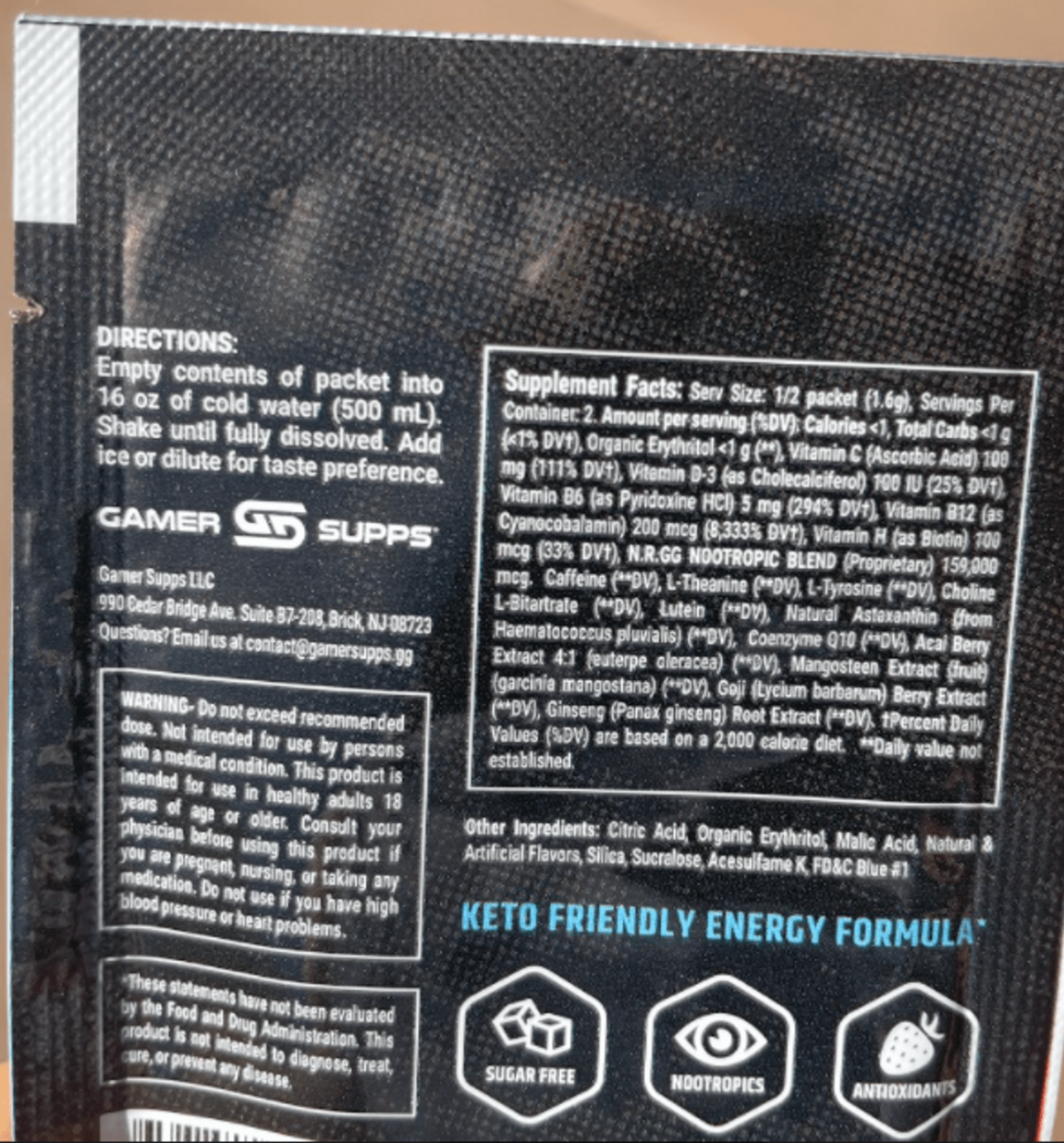 Supplement facts of GamerSupps GG.