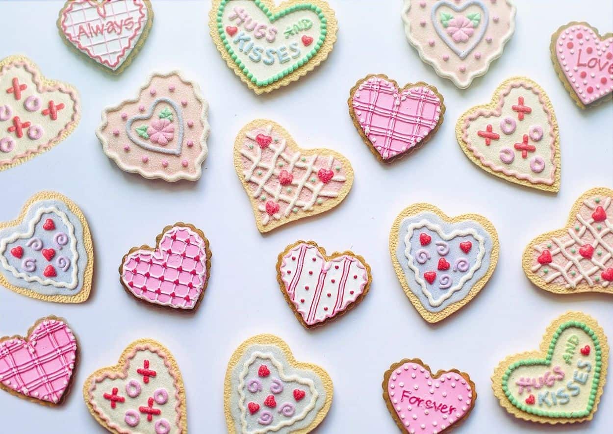 Decorated heart-shaped cookies.