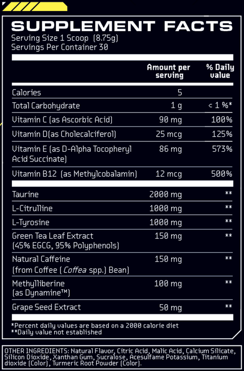 Supplement facts of Glitch Energy.