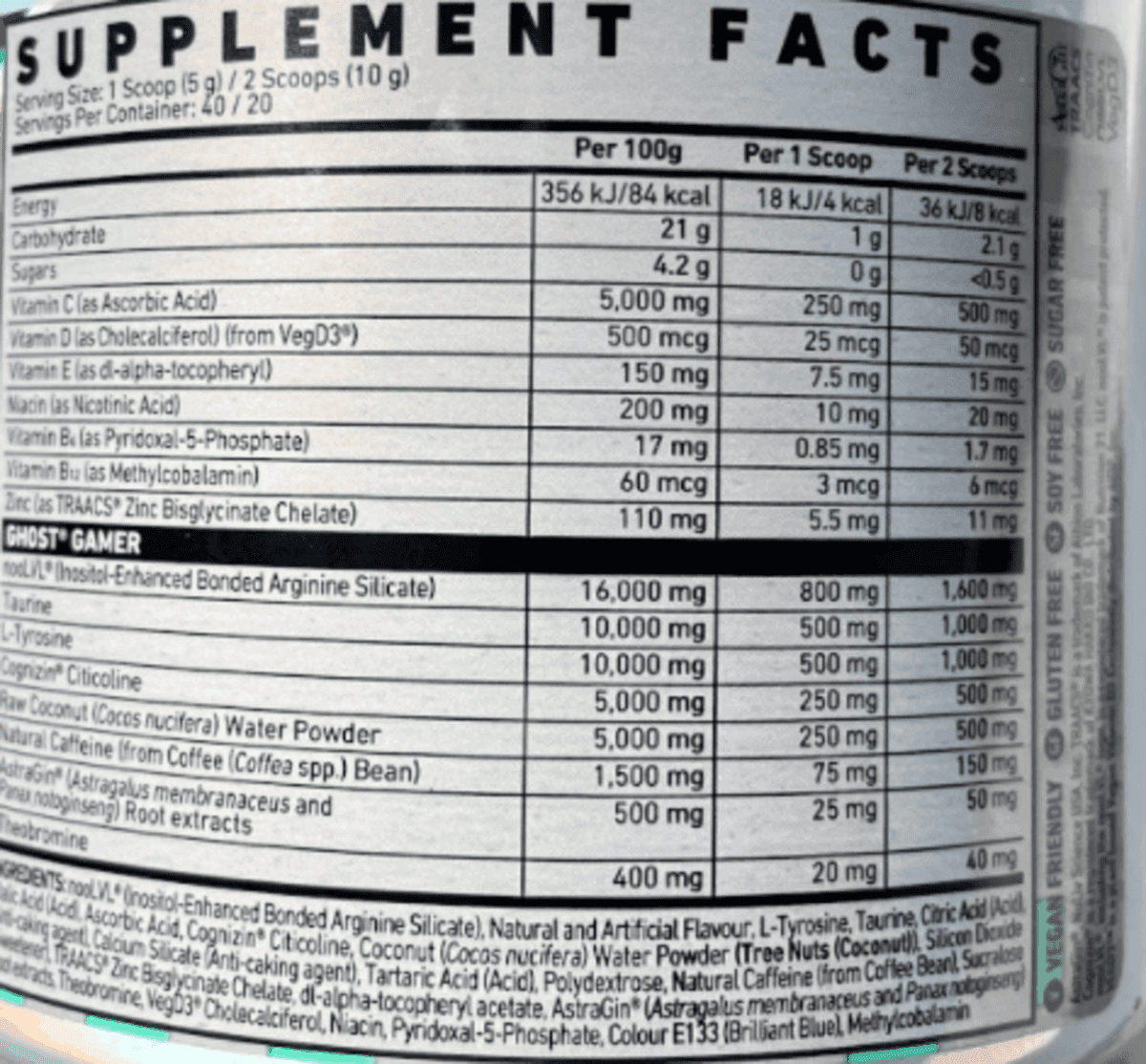 Nutrition facts of Ghost Gamer.
