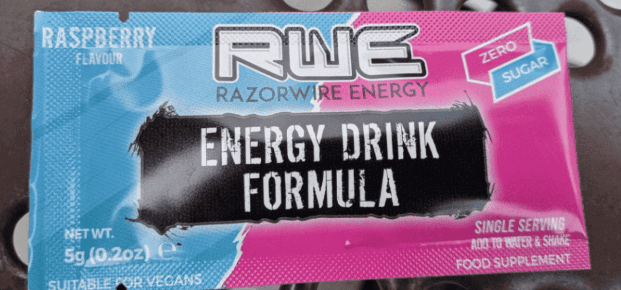 A single sachet of raspberry-flavored Razorwire Energy.