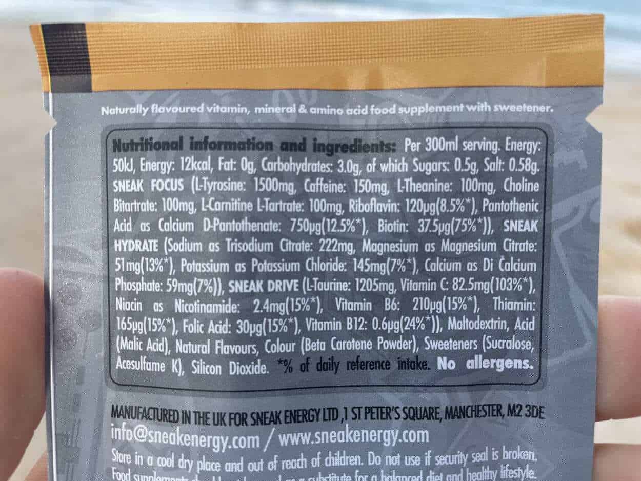 ingredients Label of Sneak Energy