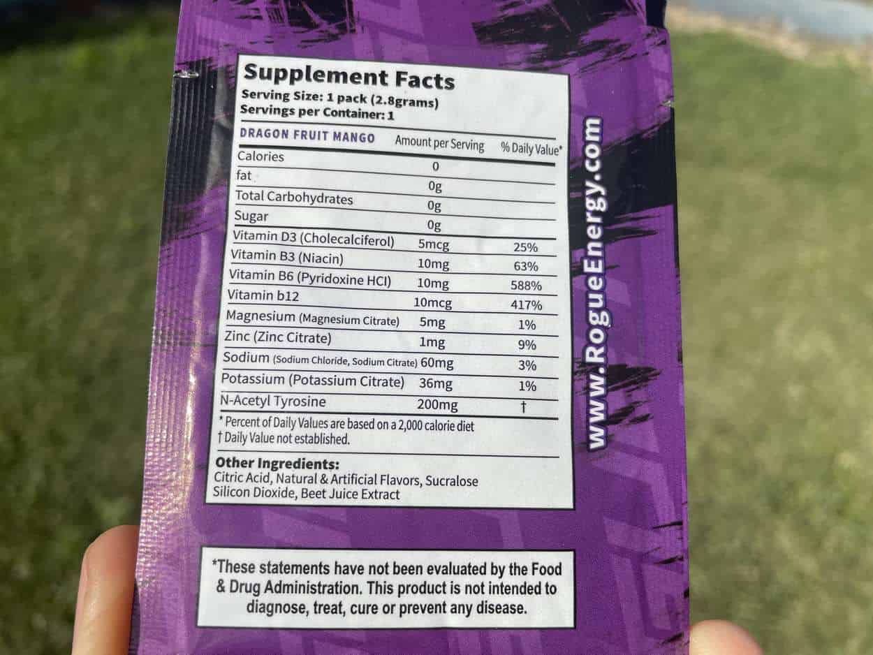 Ingredients label of rogue energy