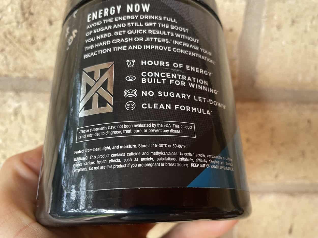 Ingredients and benefits on Mixt Energy tub.