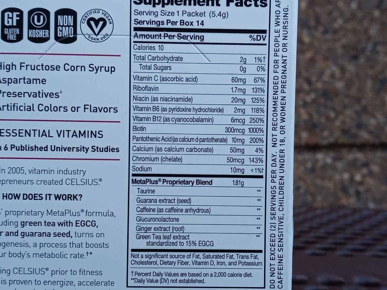 Nutrition facts of Celsius On-the-go