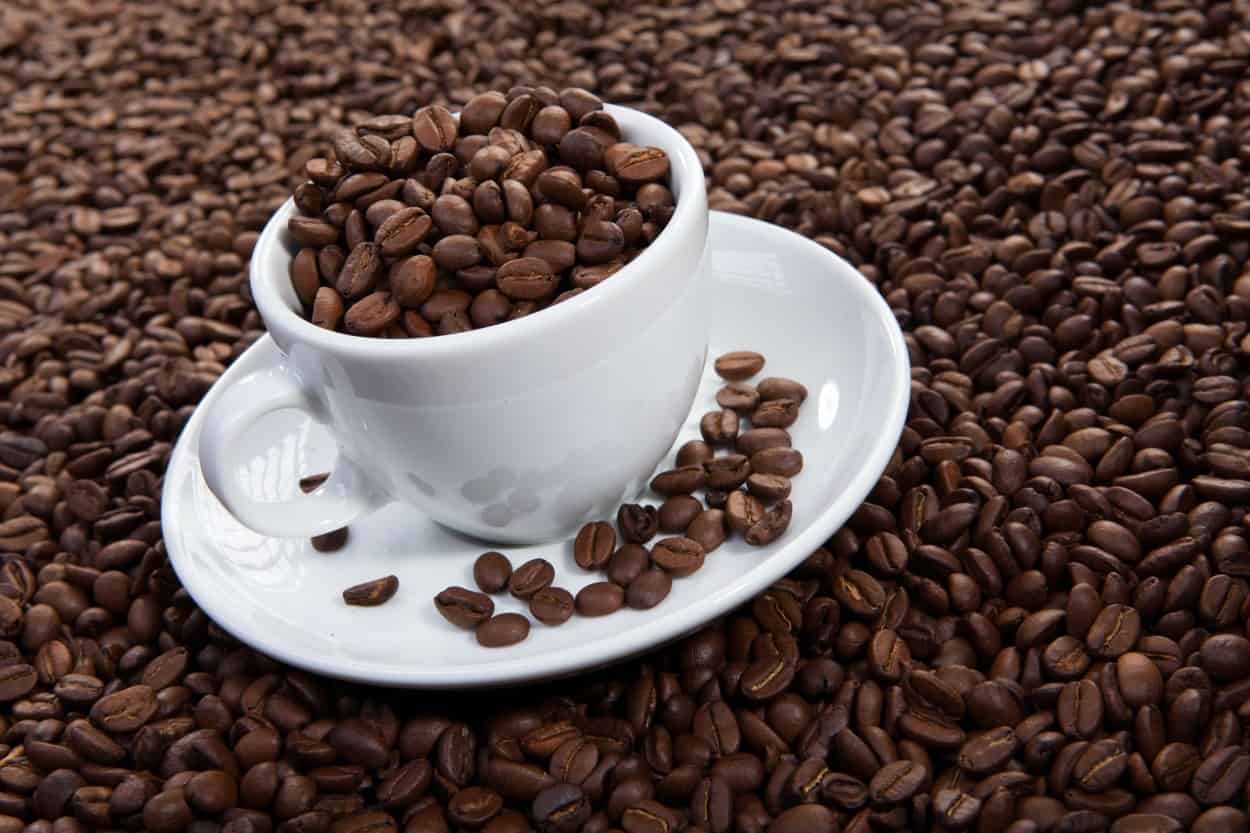 A cup full of cocoa beans used as caffeine in coffee.