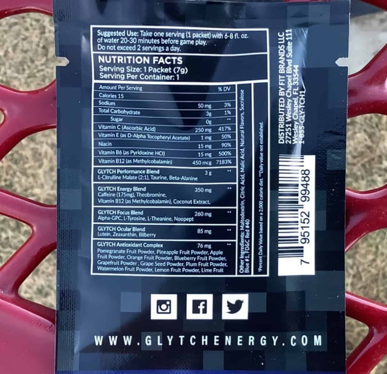 Nutrient label of Glytch Energy